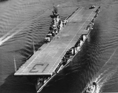The American aircraft carrier USS Franklin (CV-13), better known as &quot;Big Ben&quot; at sea in 1944. The Franklin would be one of the shortest-serving Essex class carriers, fighting from January of 1944 until February of 1945 when the ship was seriously damaged by Japanese fighters, but was not sunk. Repairs were not finished until after the war, at which point the ship was essentially put into mothballs. Eventually, after slowly being re-designated to smaller and smaller potential roles in the event of a war with the USSR, the Franklin was sold for scrap in 1966.