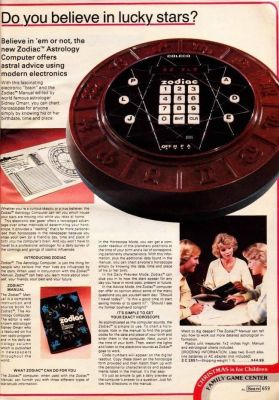 A print ad for the Coleco Zodiac Computer, an electronic gadget that would allegedly reveal a computer-accurate horoscope for you! Whatever that really means. Still a neat looking gizmo!